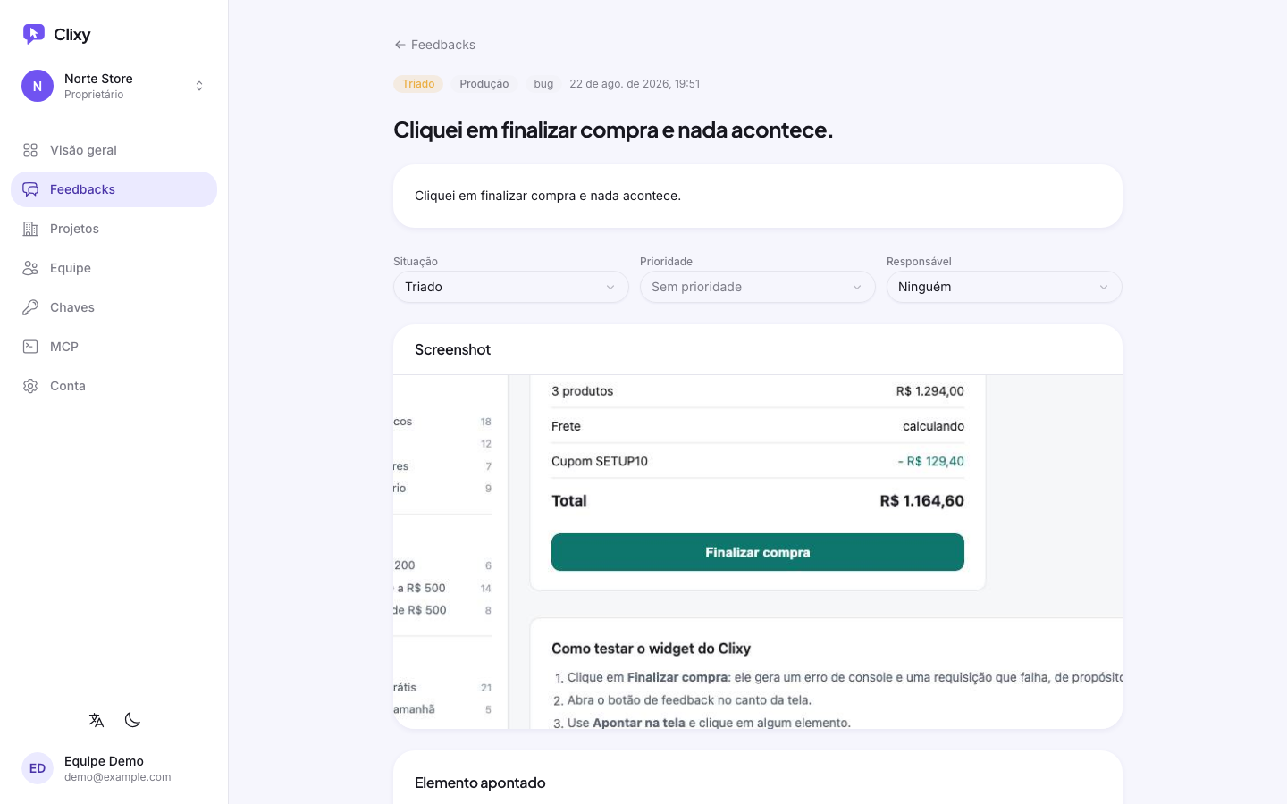 Detalhe de um feedback no painel, com elemento apontado, erros de console e requisições que falharam