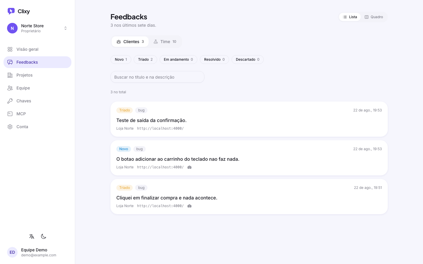 Lista de feedbacks no painel, com filtros por situação