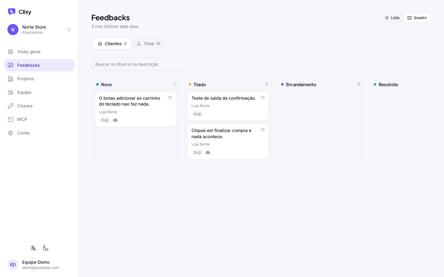 Quadro kanban de feedbacks, com uma coluna por situação
