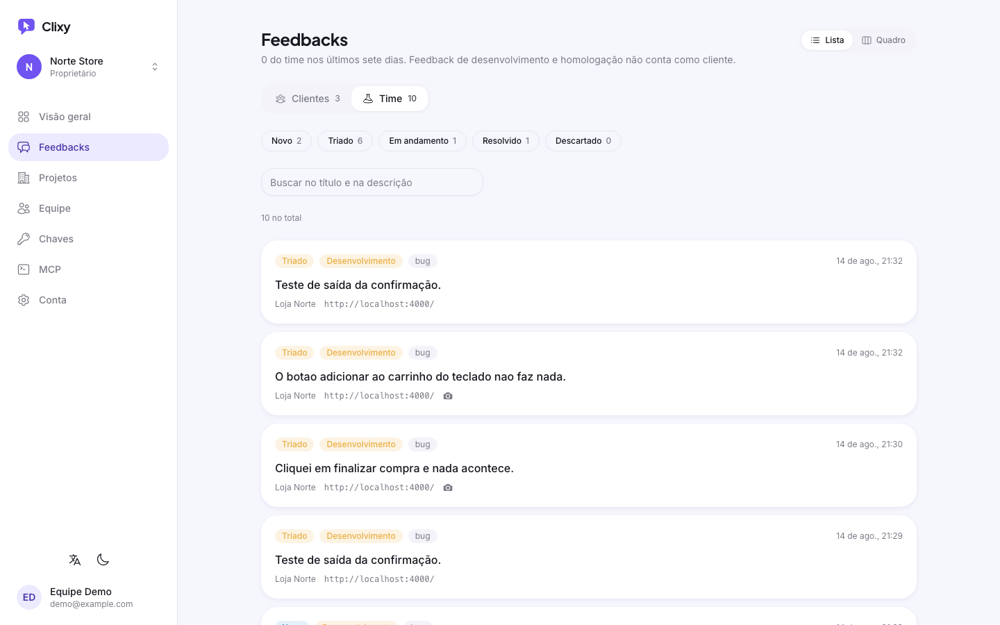 Lista de feedbacks no painel no contexto do time, com cada relato marcado pelo ambiente