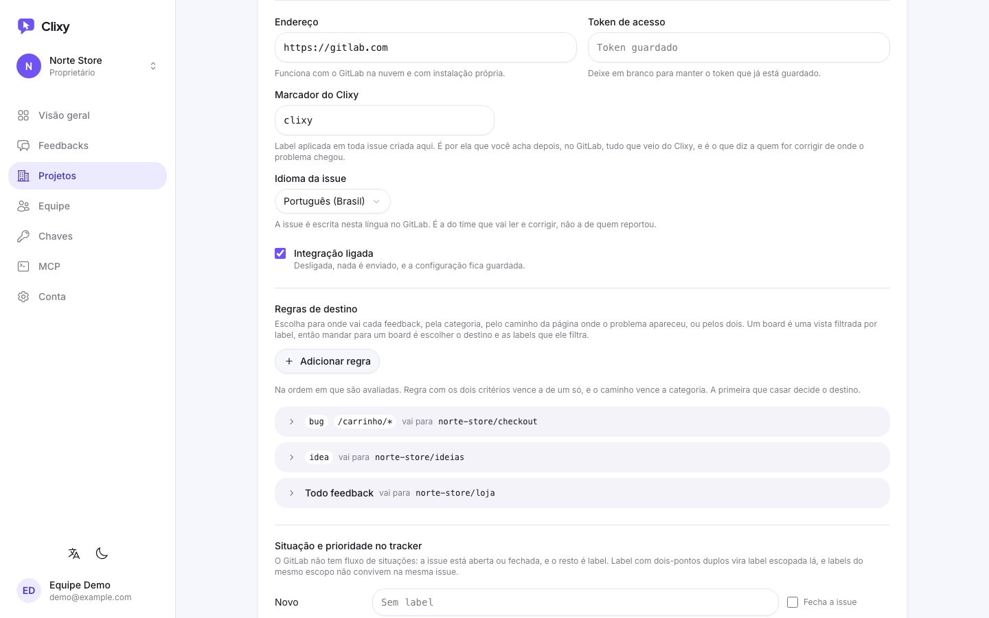 Tela de configuração de tracker no painel, com as regras de destino por categoria e por caminho